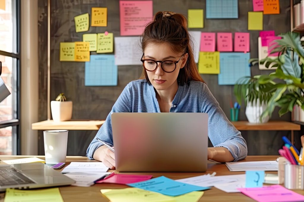 Mujer sentada con multiples hojas con tareas pegado a un tablero, y usando una laptop