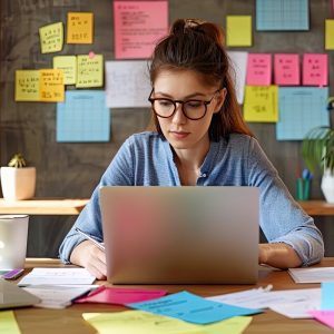 Mujer sentada con multiples hojas con tareas pegado a un tablero, y usando una laptop